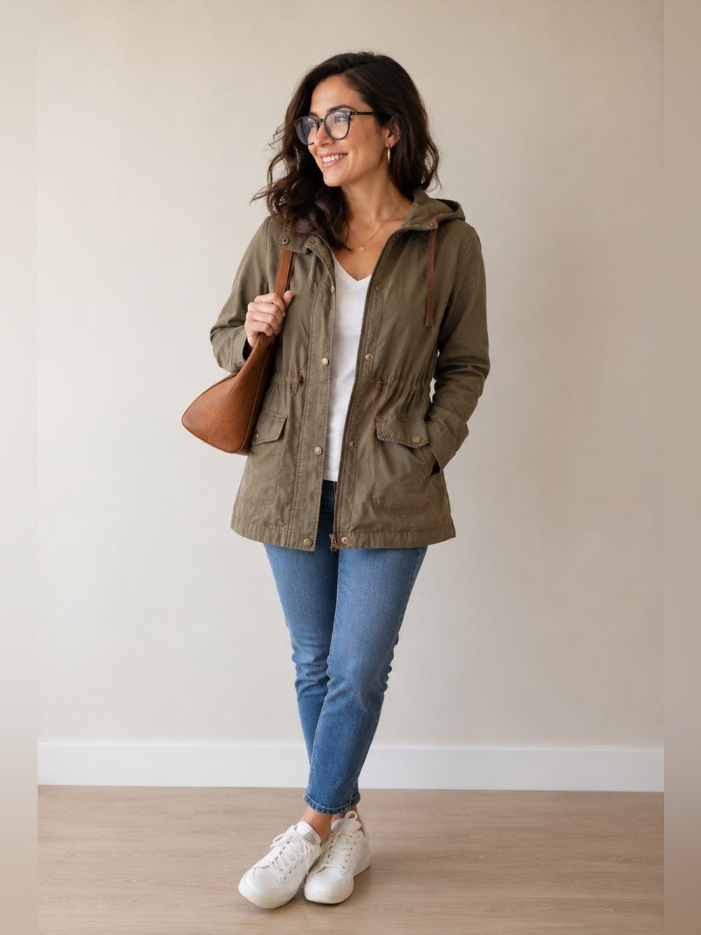 Love Tree Olive Utility Jacket Hooded Anorak Cargo Pockets Drawstring Waist L